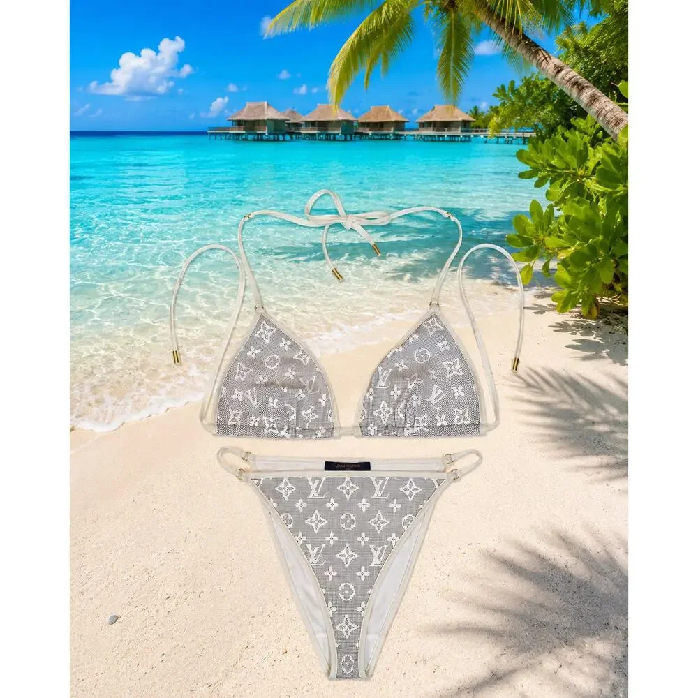 Louis Vuitton Gray White Monogram Triangle Bikini Set Top 38 Bottom 36 Small LTD